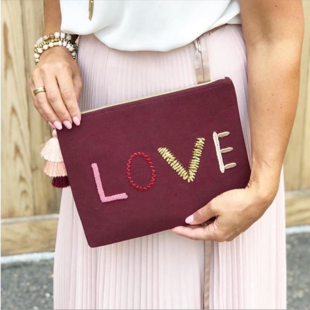 Embroidered Love Pouch - Burgundy